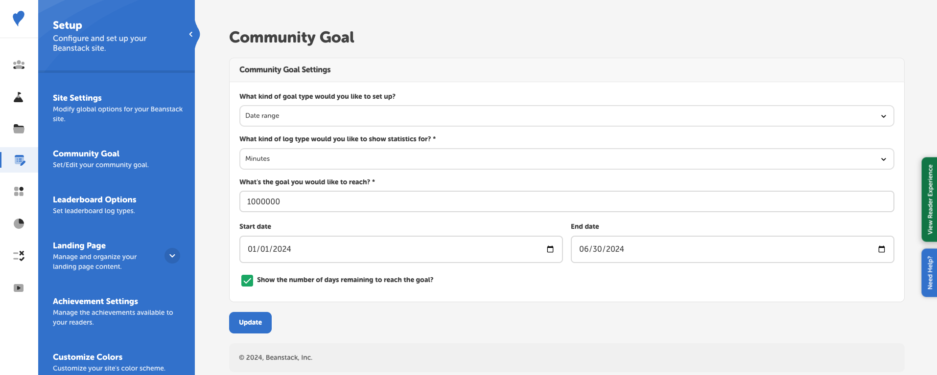 How to set up a shared community goal on your landing page Beanstack