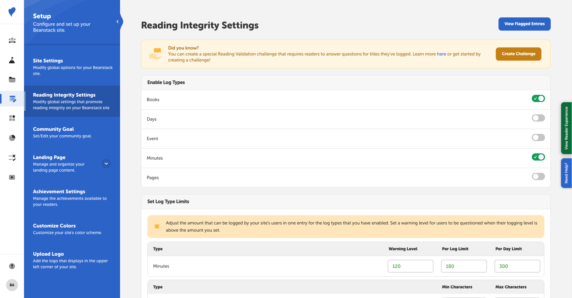 Reading Integrity Settings Beanstack Help Center