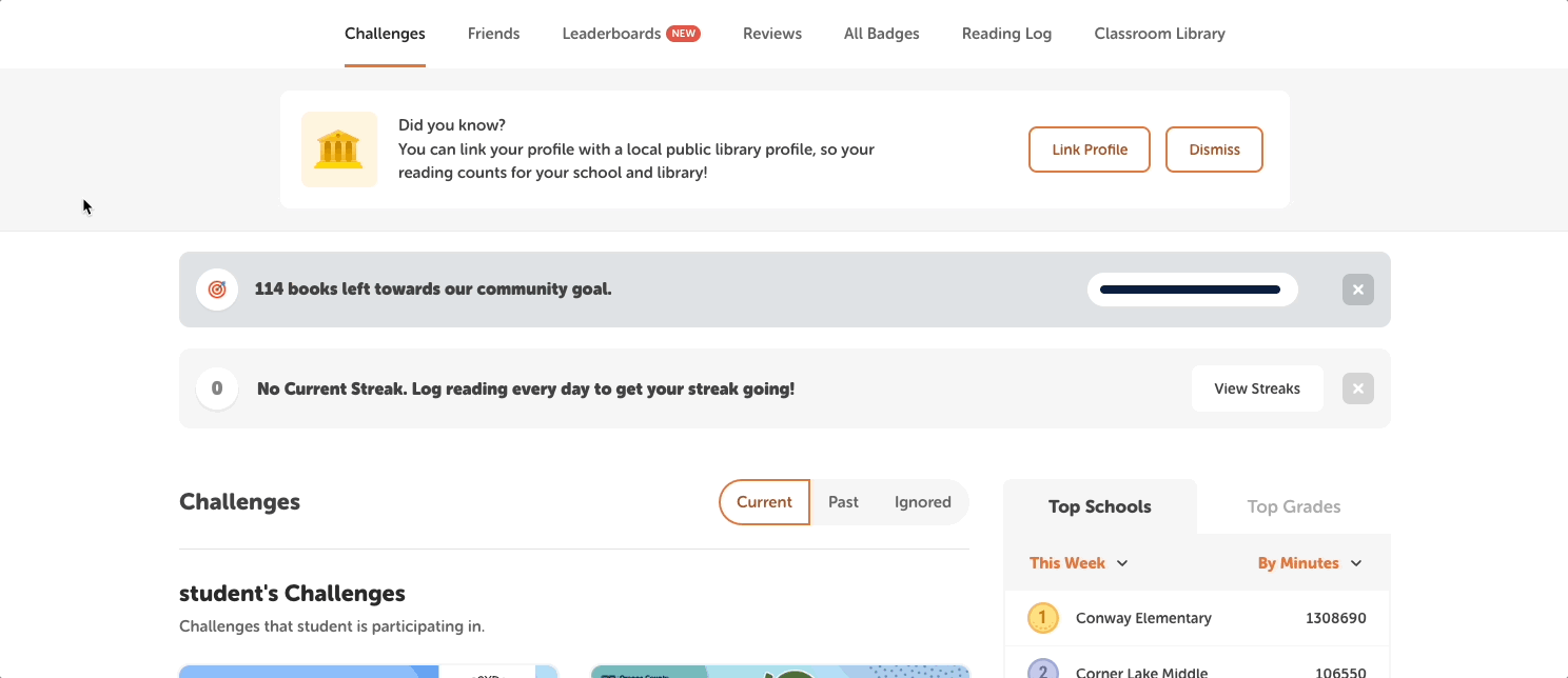School Leaderboard tab by friends, grade, and school (districts only)