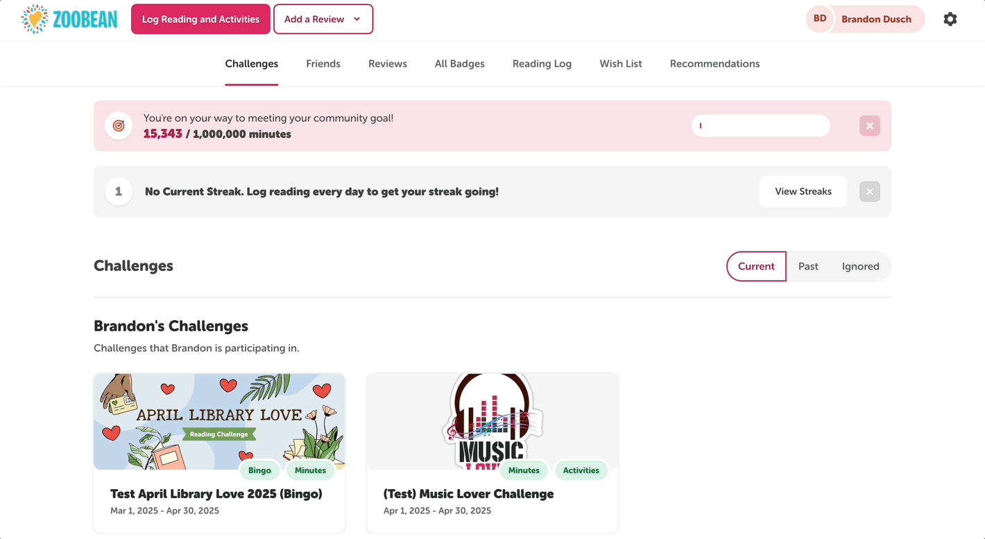 Printing a reading log and challenge log from the reader view of a library site