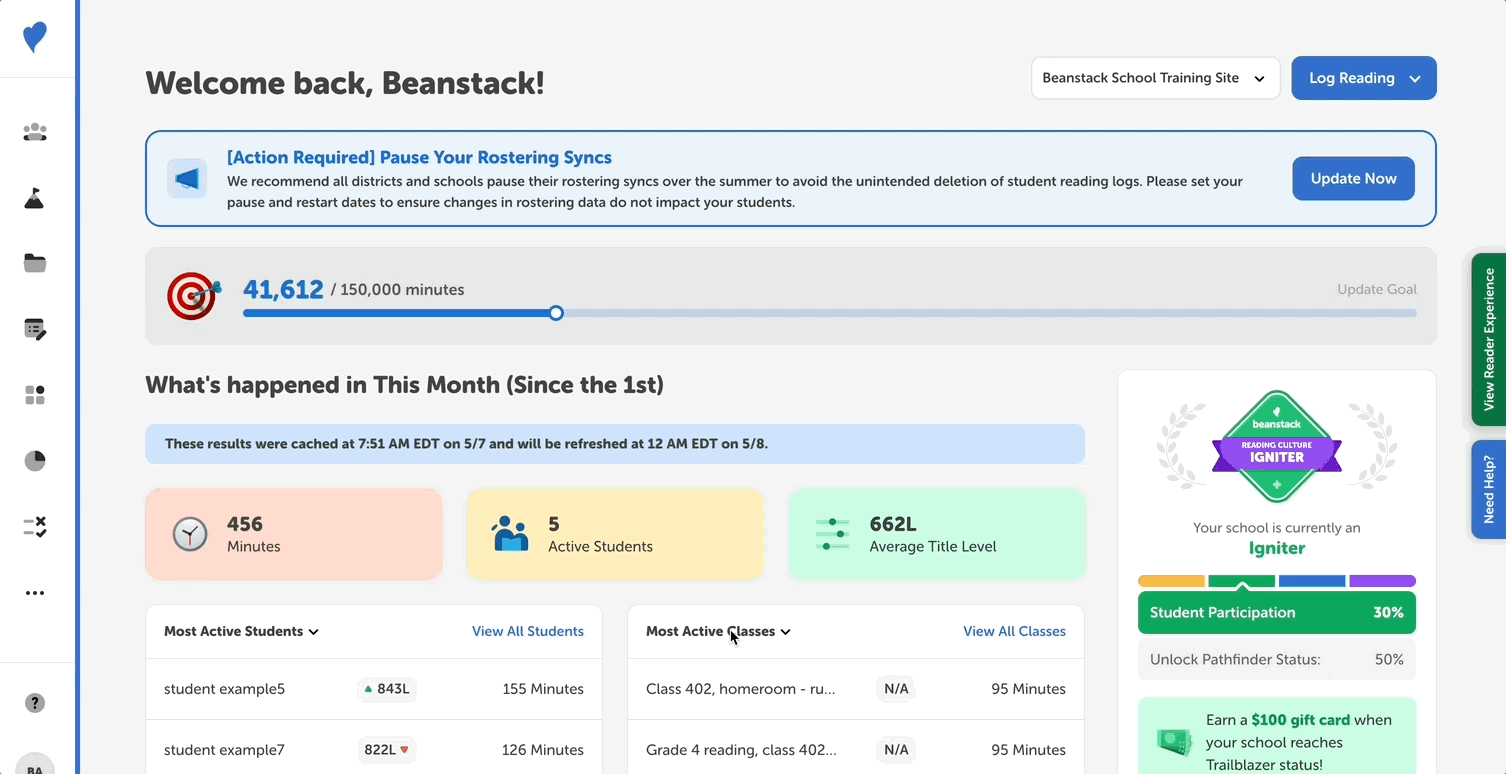 Toggling between the admin and reader views on a Beanstack site