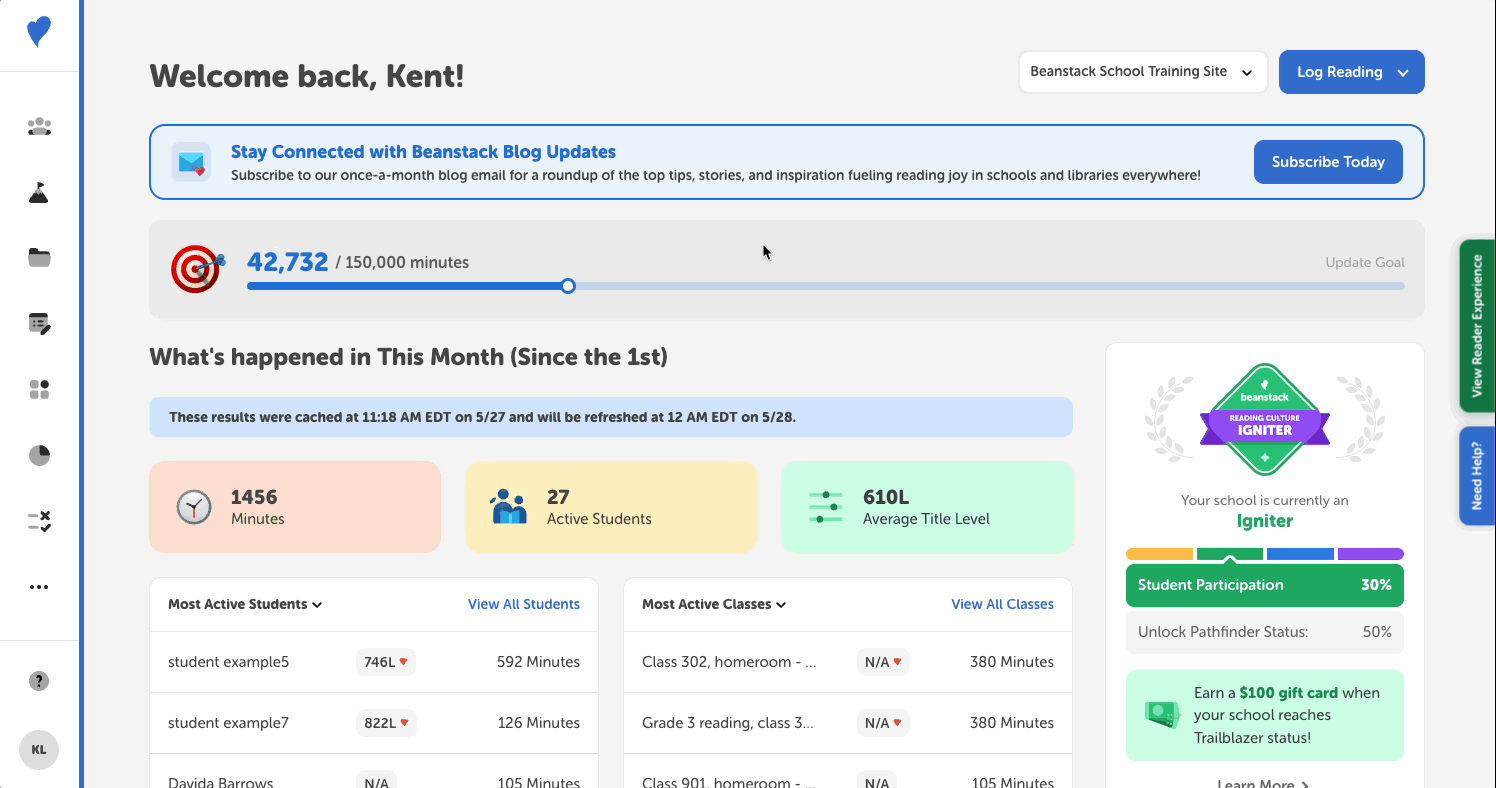 Generating a report for top reader and section information from the admin view of a school site