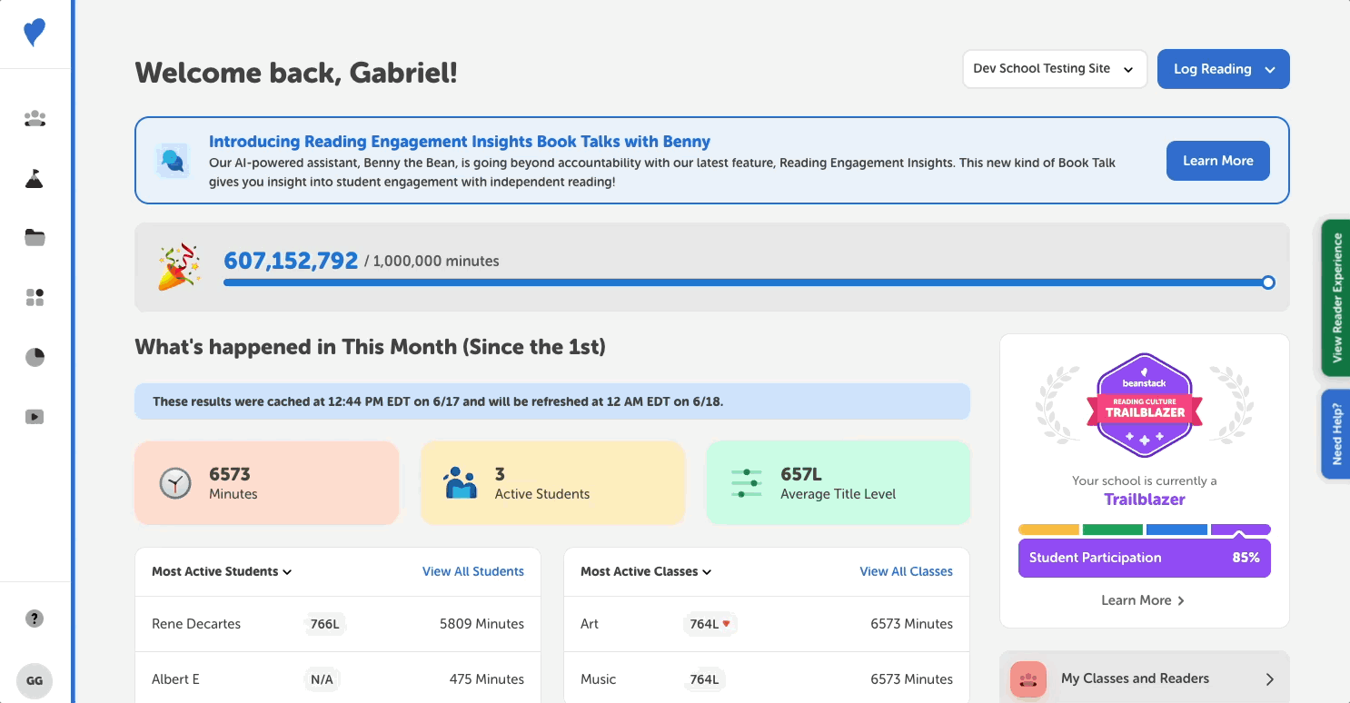 Switching back from a rostered student profile to the teacher profile on the reader view of a school site