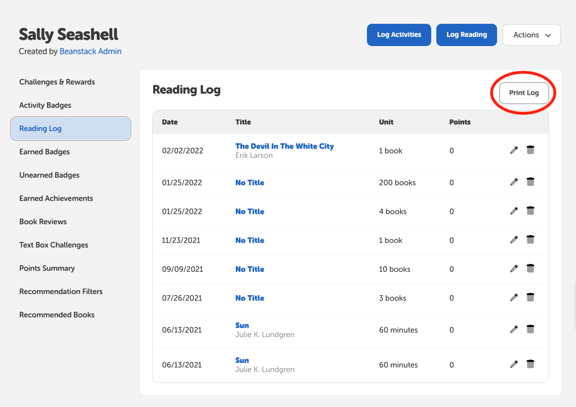 How to download or print a reading log for a reader from the admin side